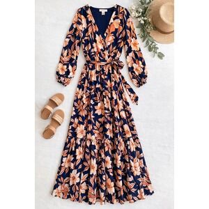 Flying Tomato Navy Orange Floral Tiered Maxi Dress Long Sleeve V-Neck Size S